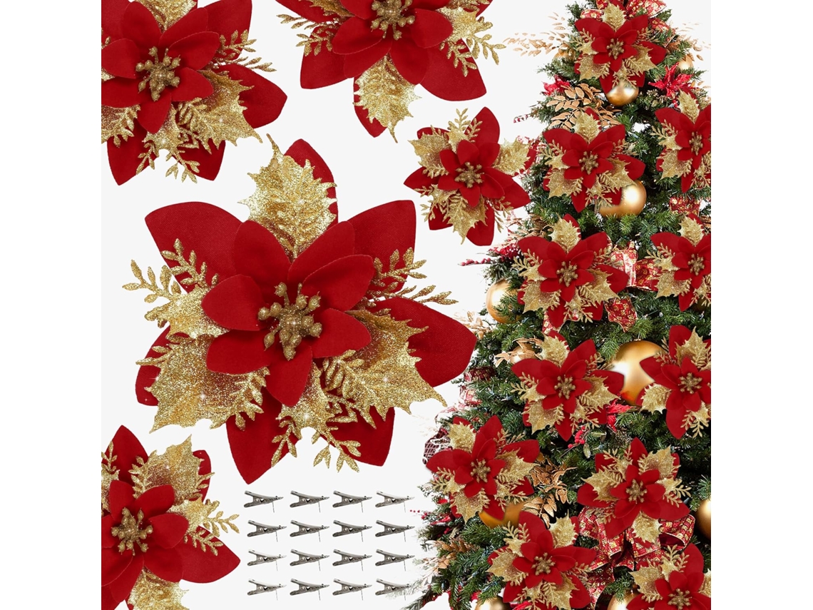 16 adornos navideños con flores artificiales de nochebuena rojas y pinzas para árbol y corona