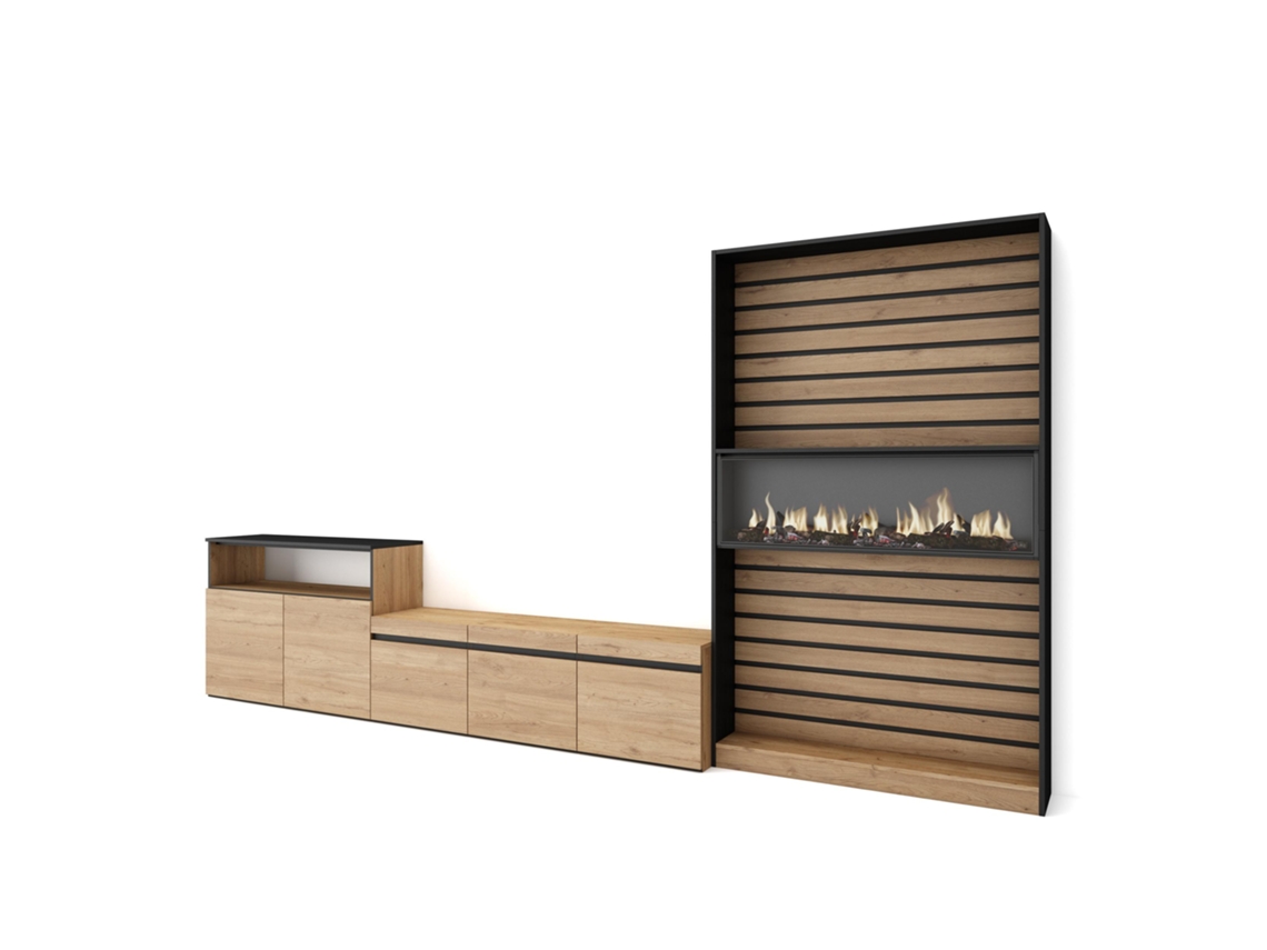 Muebles de Salón para TV 360x186x35cm Para TV hasta 65 Chimenea eléctrica Roble y negro