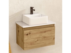 Mueble de baño suspendido con lavabo de cerámica, mueble con puerta abatible, 50 x 32 x 30 cm, acabado roble y encimera blanca de Bellobath.