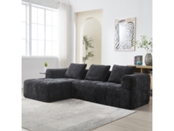 Sofá esquinero de 3 plazas, chaise longue, brazos, 3 cojines, bolsillos laterales, color negro