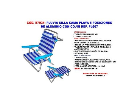 Pluvia silla cama playa 5 posicione aluminio 22 mm c-cojin pl607