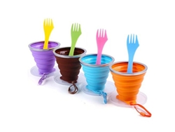 Juego de vasos plegables con 4 cucharas reutilizables, vaso de silicona para café o agua, vaso portátil con tapa para camping y viajes, 275 ml