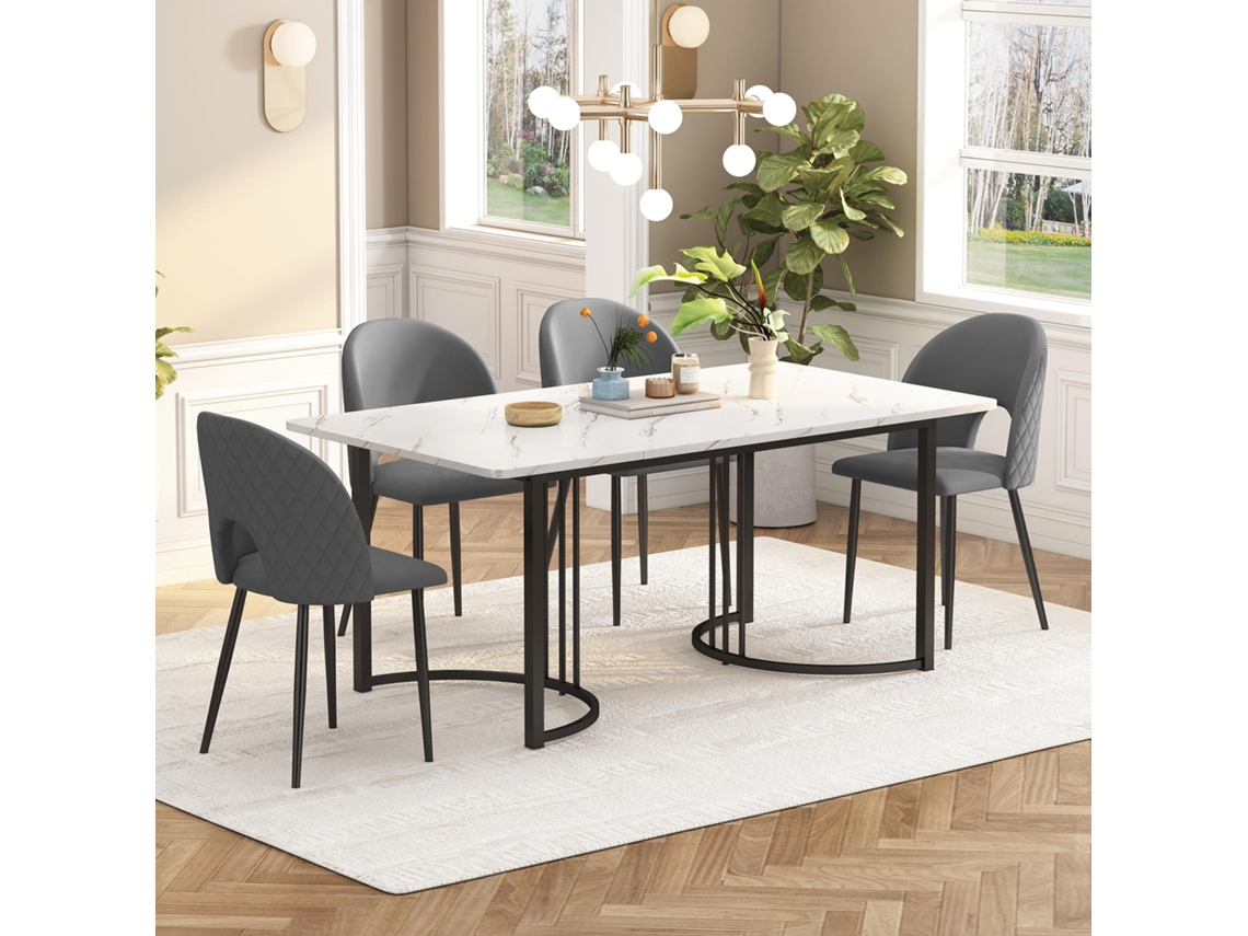 Conjunto de Comedor Moderno 140×80 Cm Mesa con 4 Sillas en Terciopelo Gris Patas Negras y Tablero MDF Blanco Mobrio