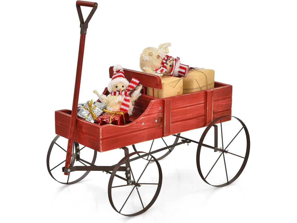 Carrito de Madera Para Jardín Maceta Decorativa con Ruedas y 2 Secciones para Plantas, Porta Plantas (Rojo) COSTWAY