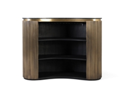 Mueble bar con frente curvo dorado y estantes internos