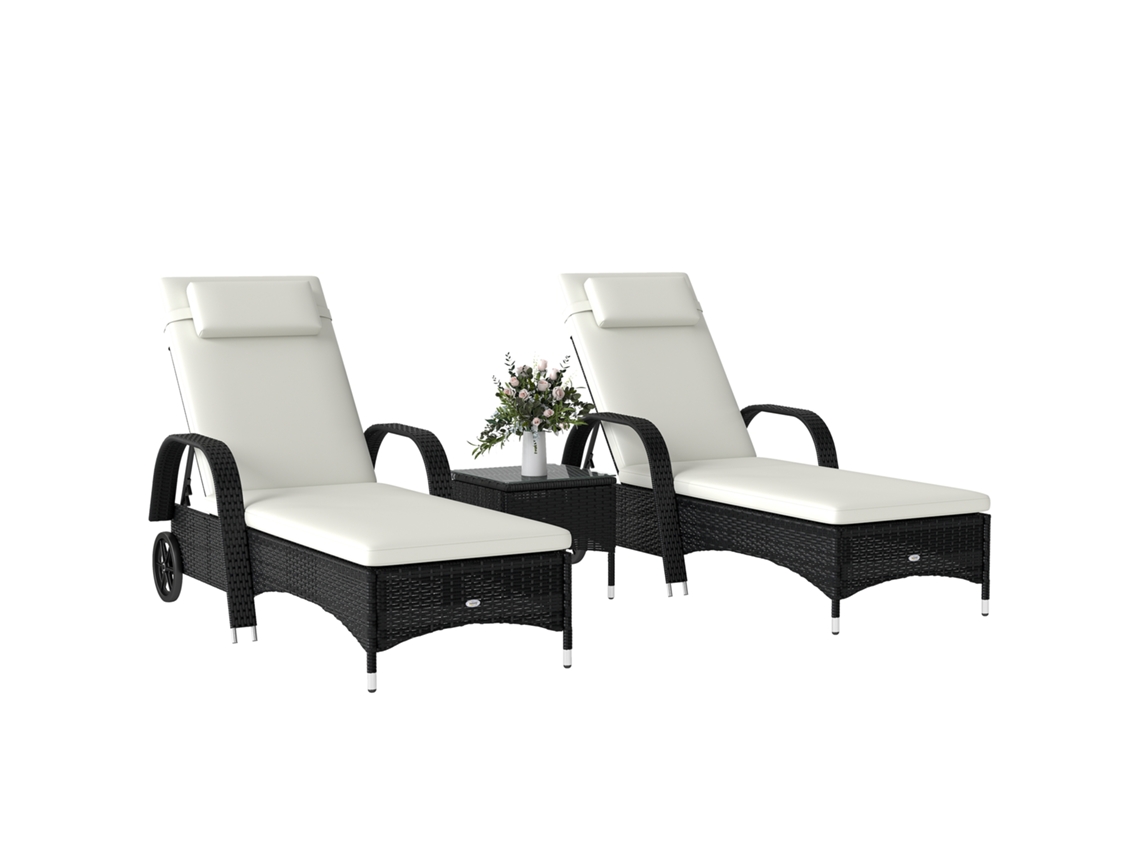 Conjunto de jardín con 2 tumbonas con respaldo reclinable y mesa de centro en mimbre de EPS, color negro.