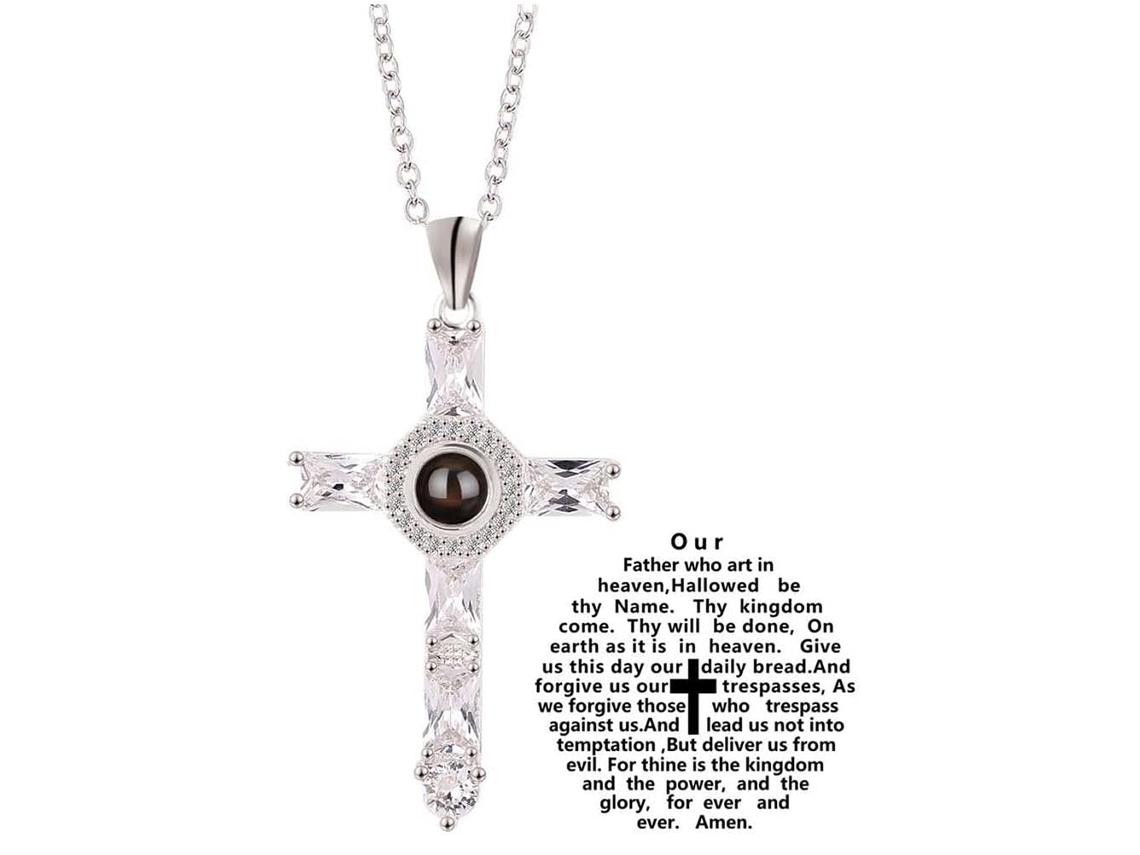 Collar Con Cruz Que Proyecta El Padre Nuestro Con Piedra Secreta De Cristal - Regalo Religioso