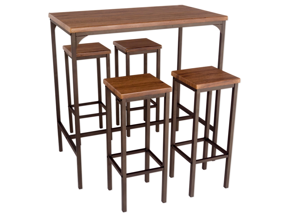 Mesa rectangular de bar y 4 taburetes, color nogal, modelo Firenze, de Yelloo