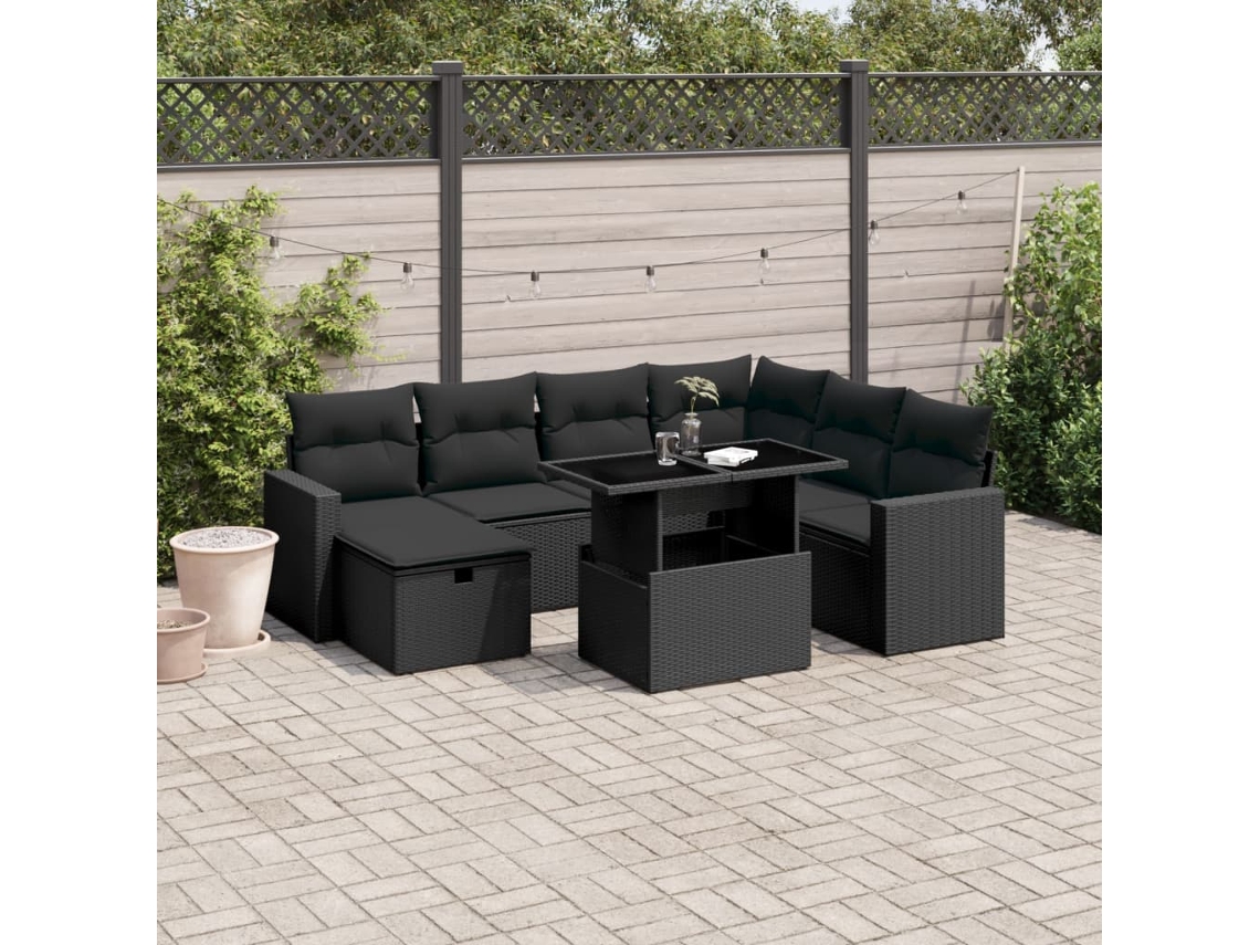 Conjunto de sofá de jardín de 8 piezas con cojines en mimbre sintético negro de DKD Home Decor