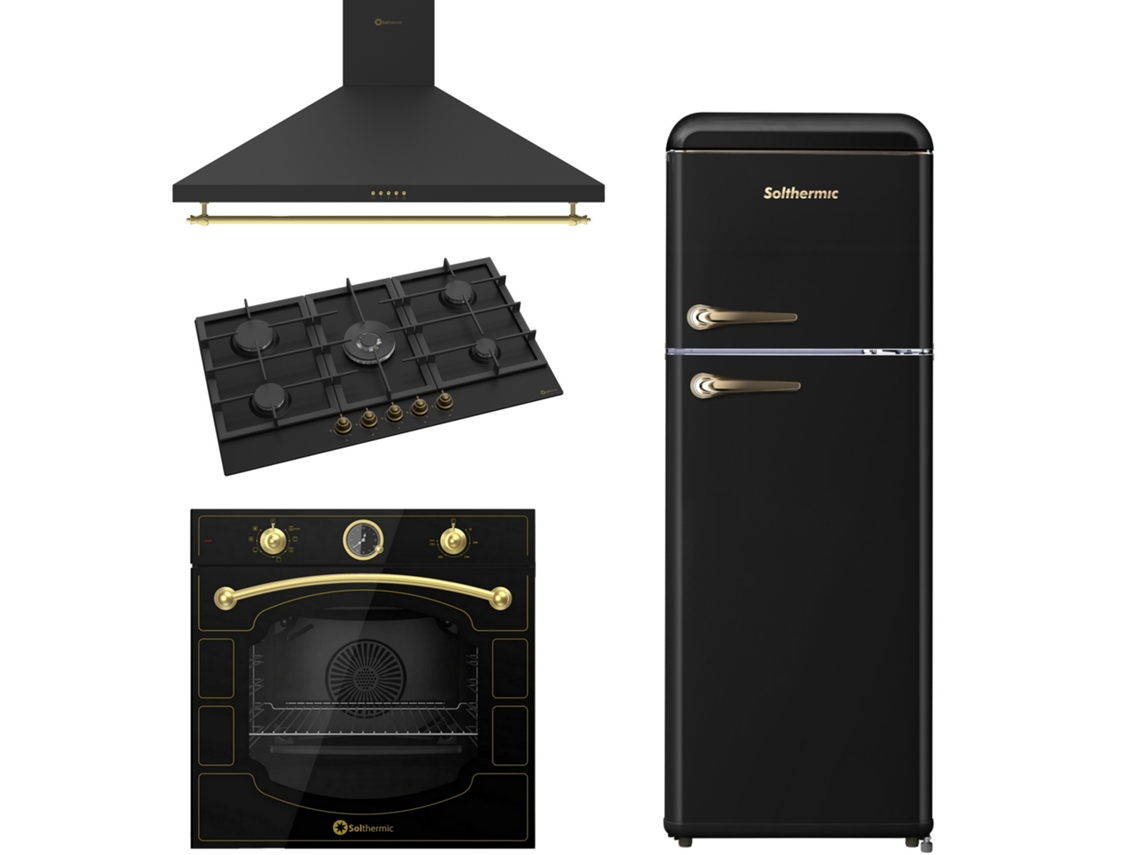 Estufa a gas Solthermic® Combo Pack 90 Bl042 Negra 5 quemadores Horno eléctrico Negro Campana negra 90 Refrigerador retro Negro 1.47