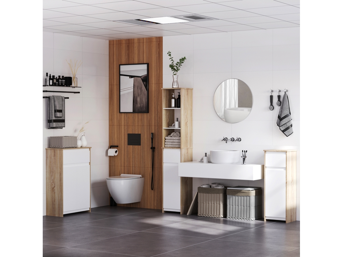 VPMKP - Kleankin armario bajo de baño de madera con cajones y 2 estantes para salón/dormitorio/cocina, 32,6x30x90 cm, natural y blanco