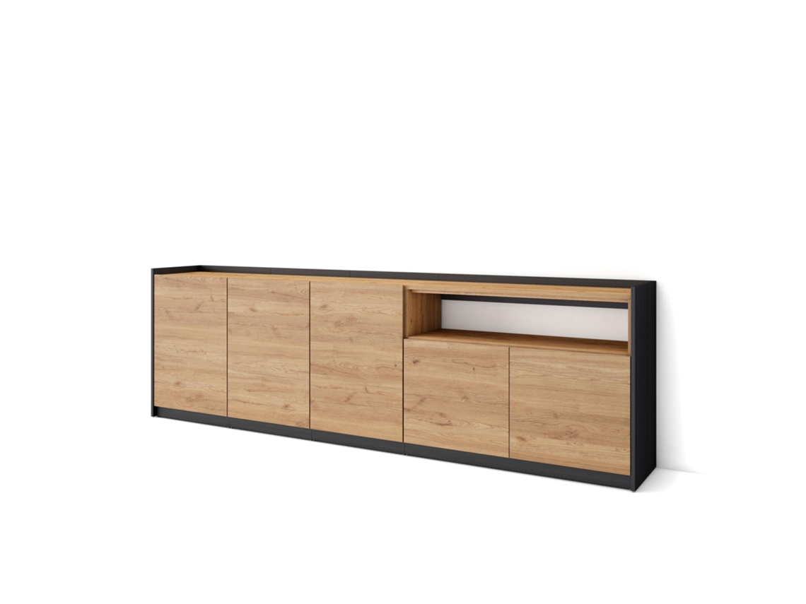 Aparador de comedor, 260x37x80cm, 5 puertas, armario de almacenamiento, roble y negro.