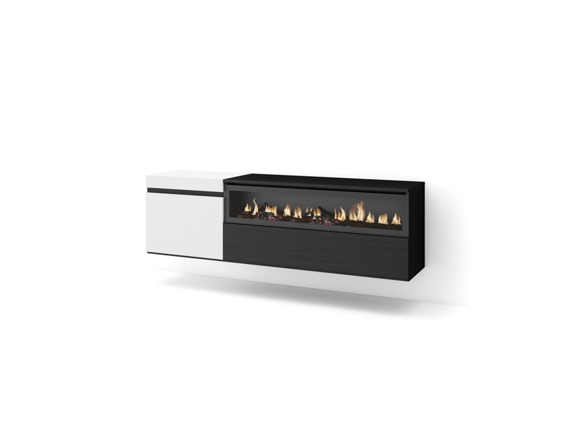 Mueble TV Televisión 150x45x35cm Para TV hasta 65 Chimenea eléctrica Colgado Suspendido Blanco y negro