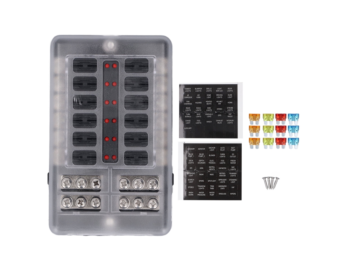 Panel De Fusibles De 12 Vías Con Indicador Led Y Tapa Impermeable Para Coche Camión Barco Rv Remolque Dc12v 24v