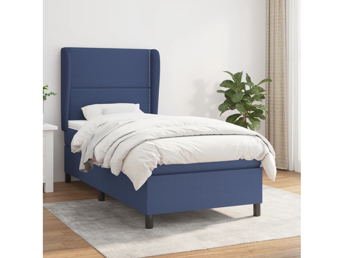 Cama Box Spring Con Colchón Tela Azul 90x190 Cm