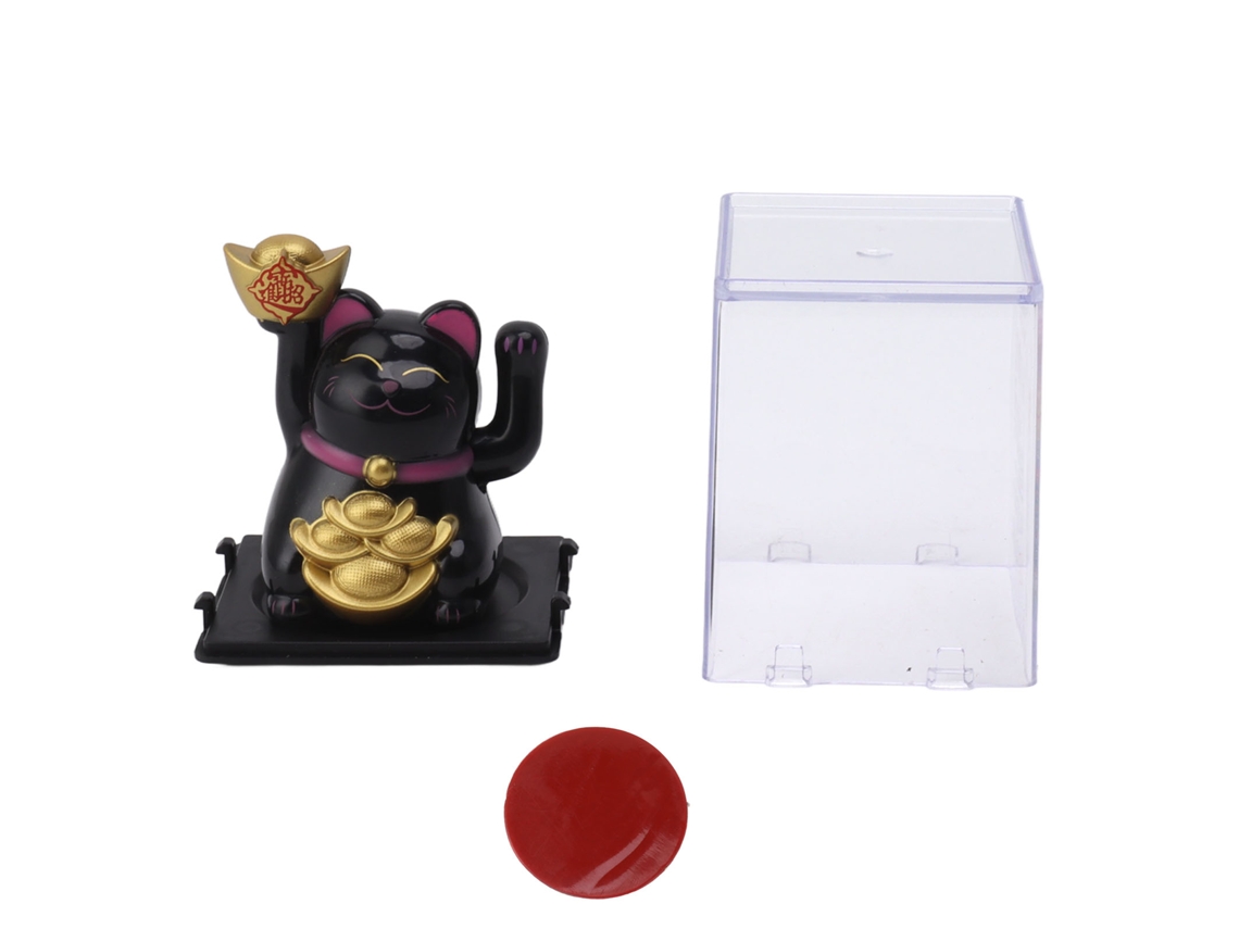 Gato de la suerte Baok con brazo móvil, adorno solar de mano, te desea riqueza y fortuna, negro, 5 cm