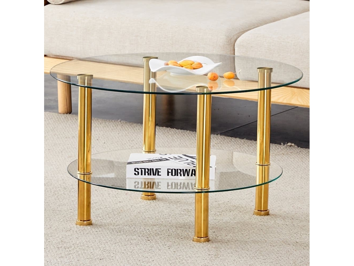 Mesa De Centro 2 Niveles - Diseño Lujoso, Estable Y Espaciosa - Dorada Y Transparente
