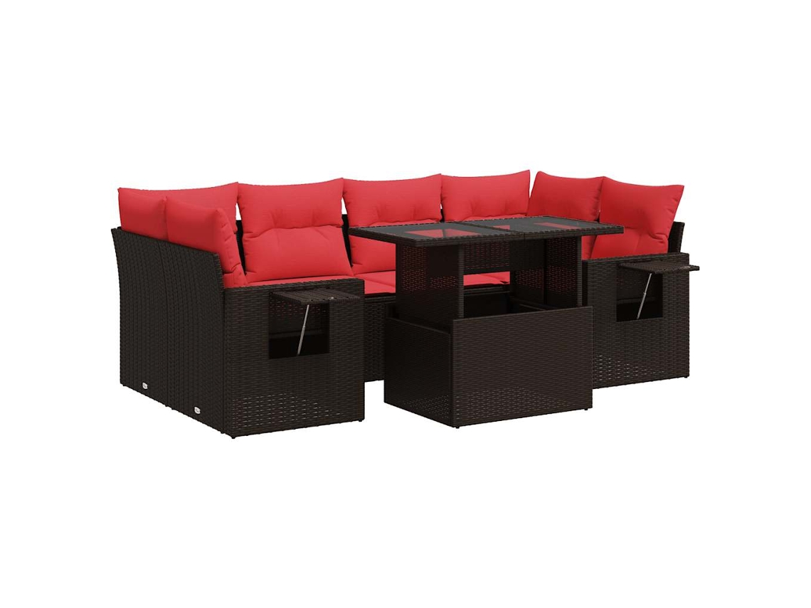 Conjunto de 7 sofás de jardín, cojines de mimbre, madera de acacia, marrón, EXCLUSIVO DE LA CASA