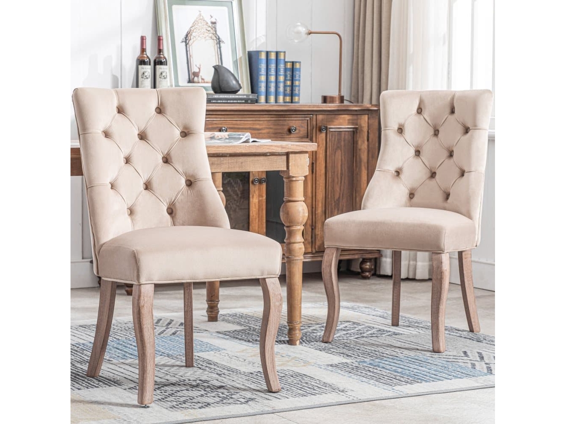 Silla De Comedor 4 Patas + Set De 2 - Tapizado De Terciopelo Beige, Respaldo Alto, Con Capitoné - Beige
