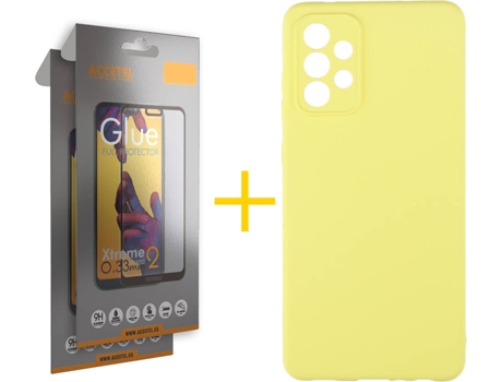 Carcasa y 2 Protectores de Pantalla de Vidrio Full Samsung A32 5G ACCETEL Silicona Líquida Amarillo