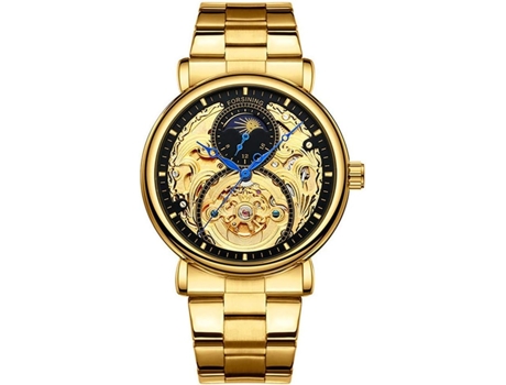 VEANXIN Relojes de pulsera automáticos de cuero y acero inoxidable con esqueleto-Acero inoxidable dorado negro.