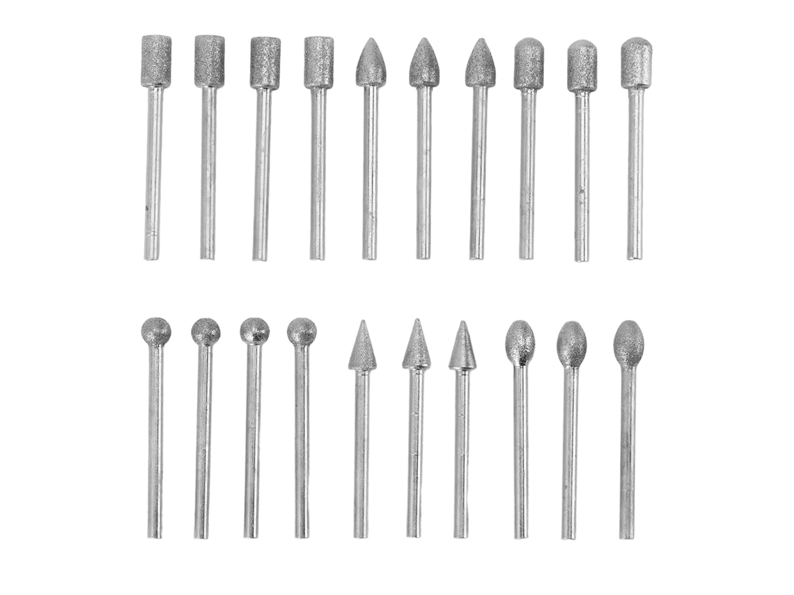 Conjunto de 20 brocas rotativas para escultura em pedra com haste de 3 mm para vidro, metal e jade.