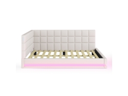 Sofá cama tapizado con portalámparas LED, madera y terciopelo beige (140 x 200 cm)