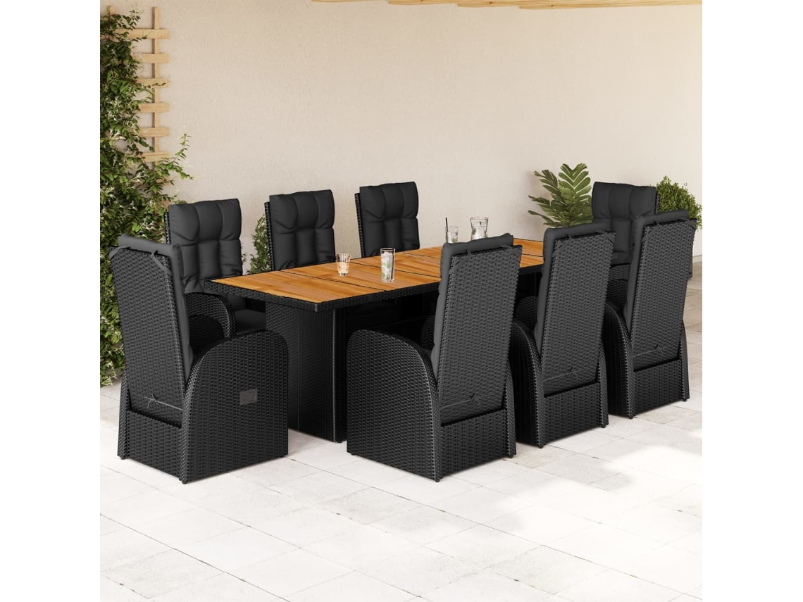 Juego de comedor de jardín de 9 piezas con cojines, mimbre sintético negro, DKD Home Decor