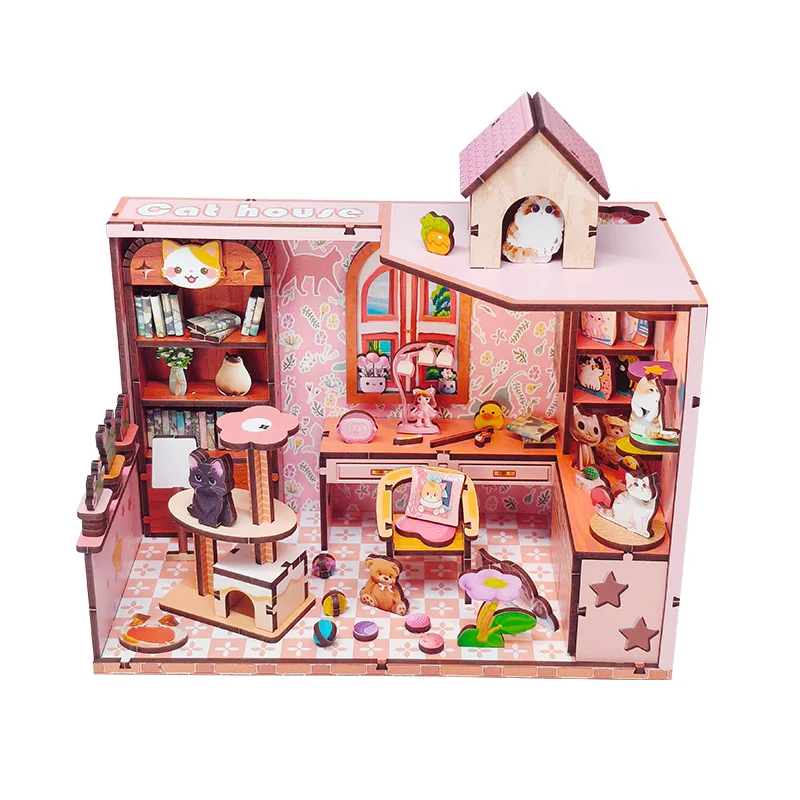 Kit para armar una casita de gatos en miniatura, un rompecabezas de madera en 3D y un rincón de lectura.