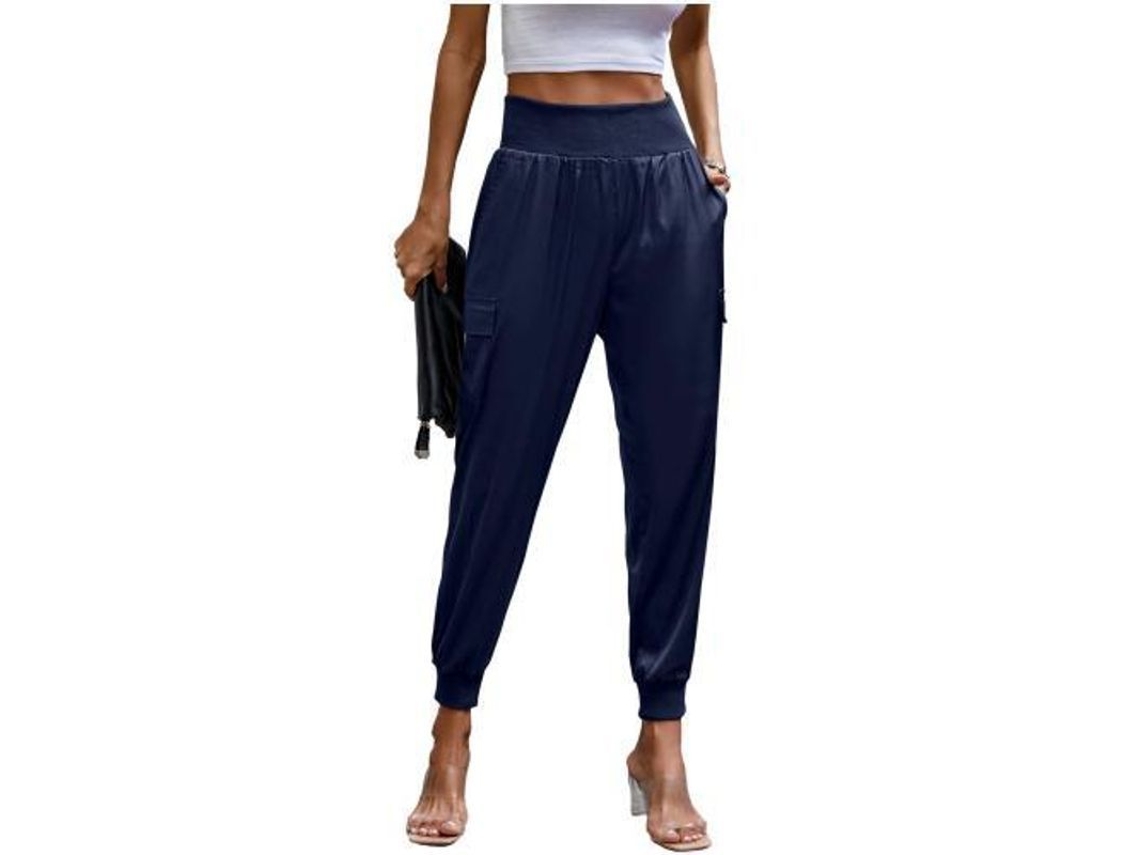 Pantalones de satén para mujer Rebe, de talle alto, estilo deportivo informal, con bolsillos, ideales para relajarse en casa, talla S, azul marino.