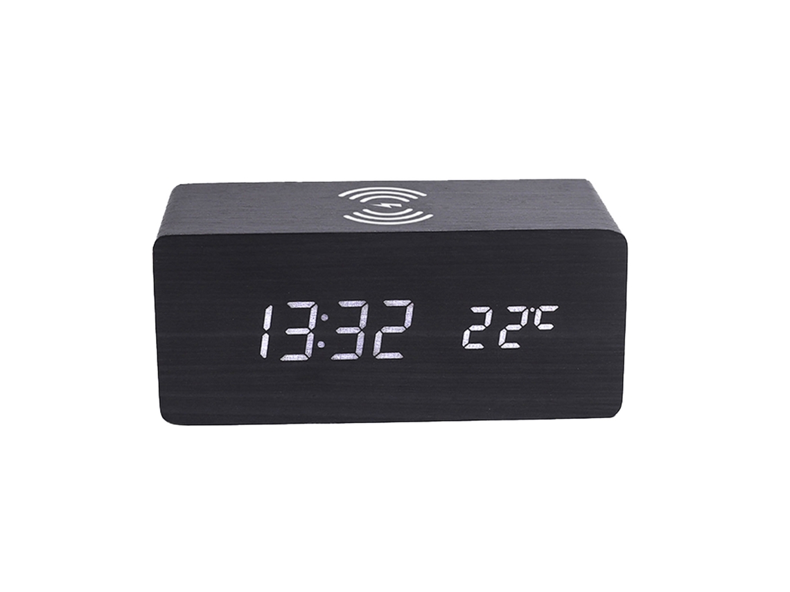 Reloj despertador digital de madera con carga inalámbrica de 10 W