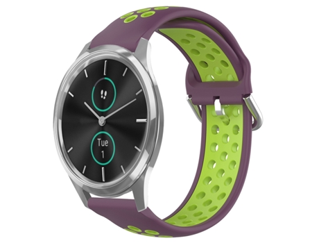Correa de reloj inteligente para Garmin VivoMove Luxe Correa de reloj deportivo transpirable perforada de silicona de 20 mm (púrpura + lima)