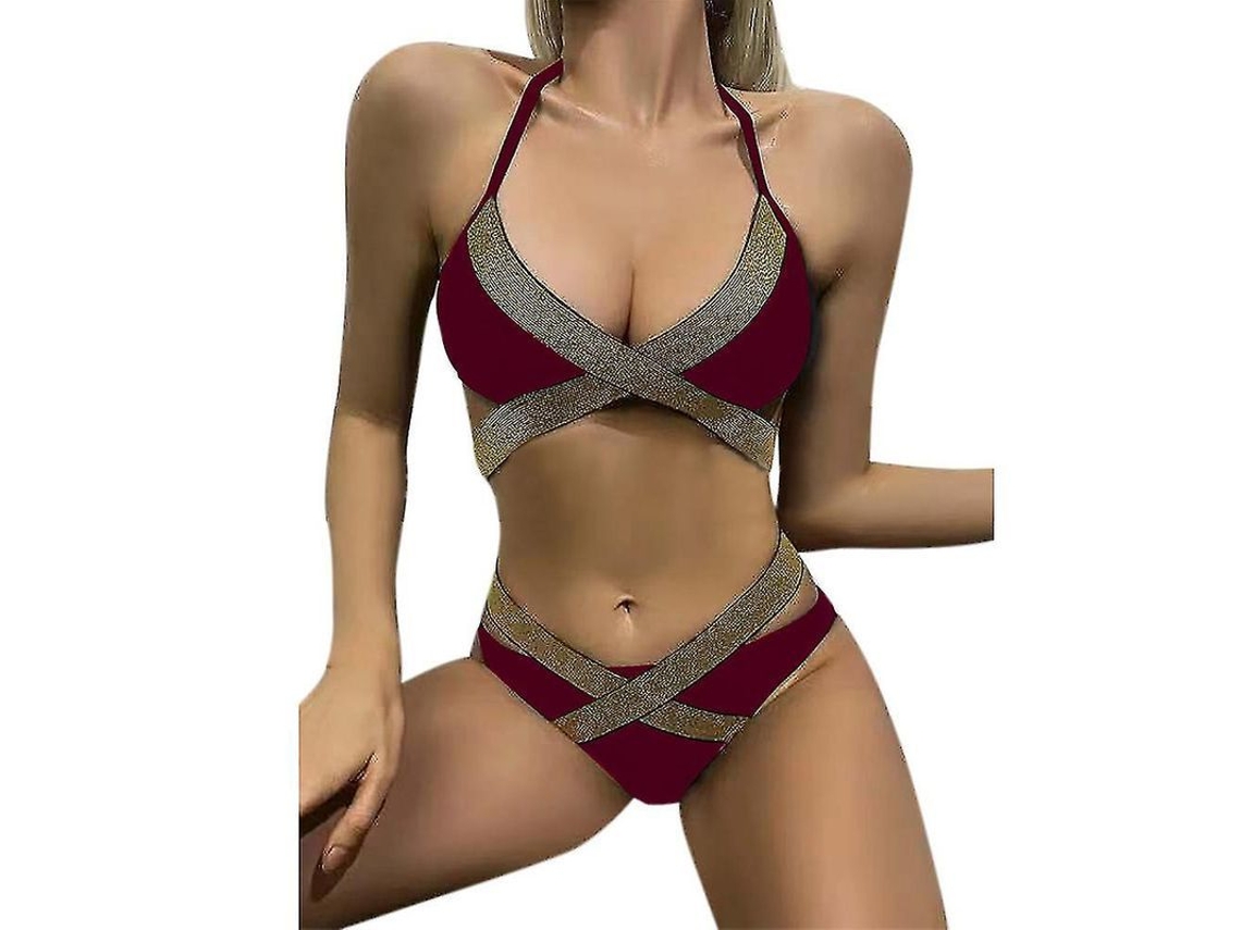 2026-conjunto De Bikini Halter Wrap Push-up Colorblock Para Mujer Traje De Baño De Alta Calidad