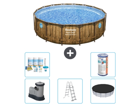 Piscina BESTWAY Round Power Steel Swim Vista - Impresión en madera - 488 x 122 - Incluye bomba - Escalera - Cubierta Accesorios CB29