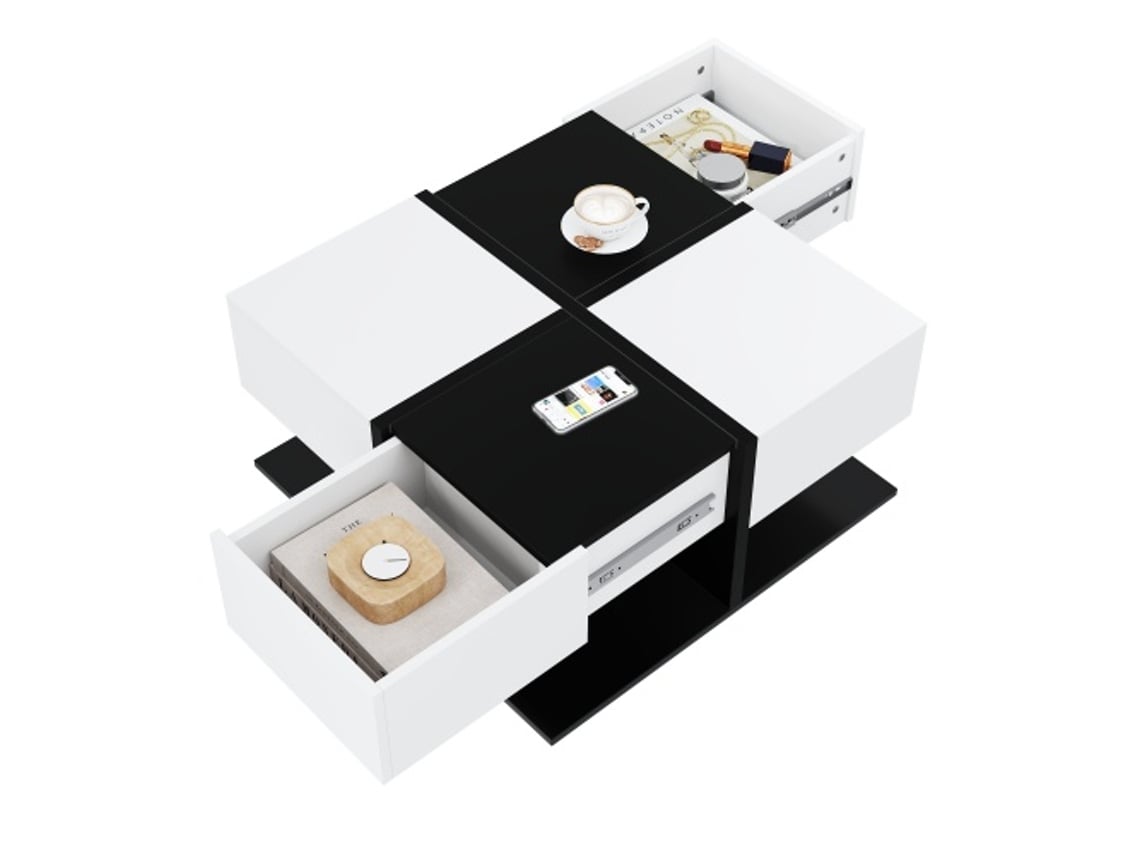 Mesa de centro 70x70x35,5cm Blanco y Negro 2 Cajones Ziwei Store