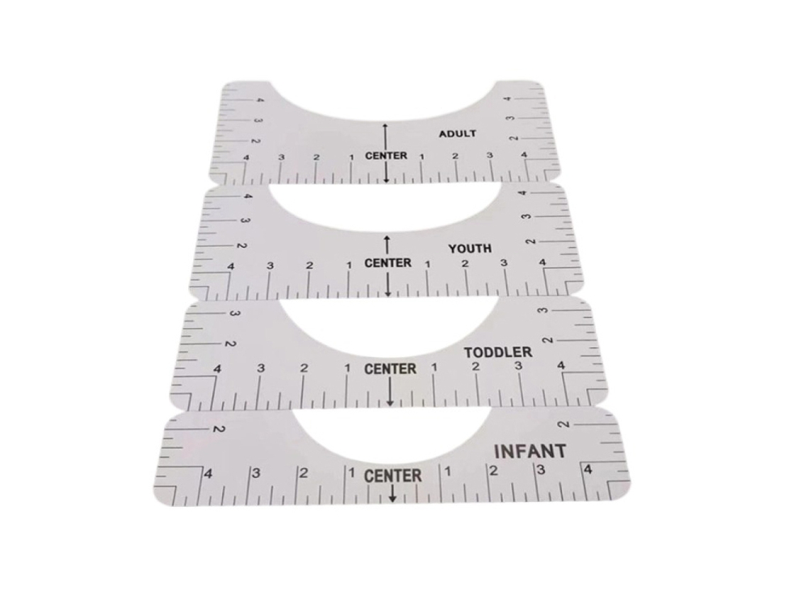 Regla de alineación de camisetas (4 piezas), guía de centrado para camisetas de adultos, jóvenes, bebés y niños pequeños (blanca)