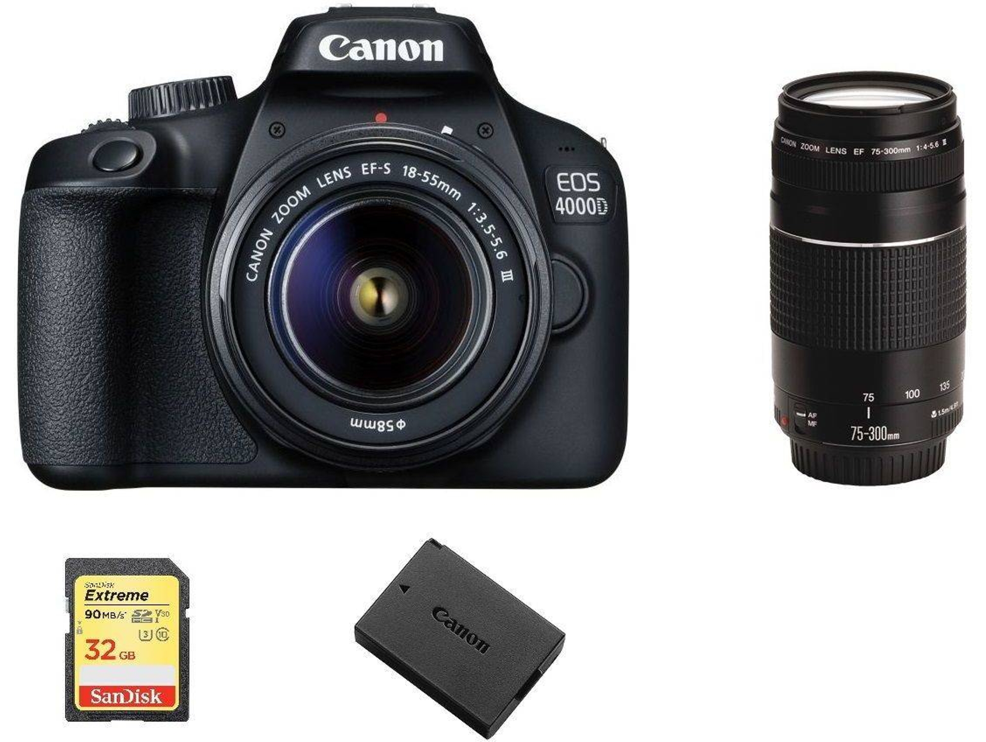 Kit Cámara Réflex CANON EOS 4000D EF-S 18-55MM F3.5-5.6 III + EF 75-300mm F4-5.6 III + 32GB SD + LP-E10