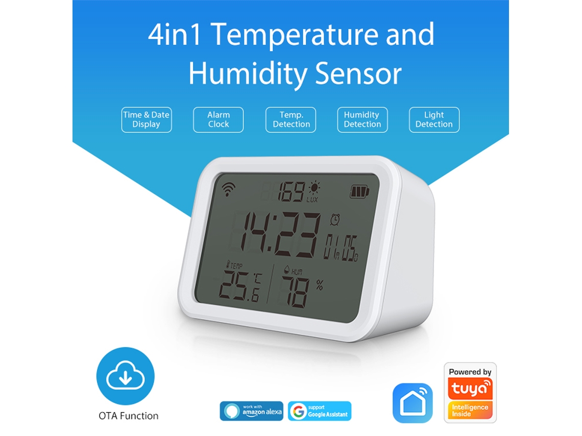 Sensor Wifi Inteligente 4 En 1 Tuya Con Pantalla Lcd, Monitorización De Temperatura, Humedad Y Luz, Y Alarma Para El Hogar Y El Dormitorio.