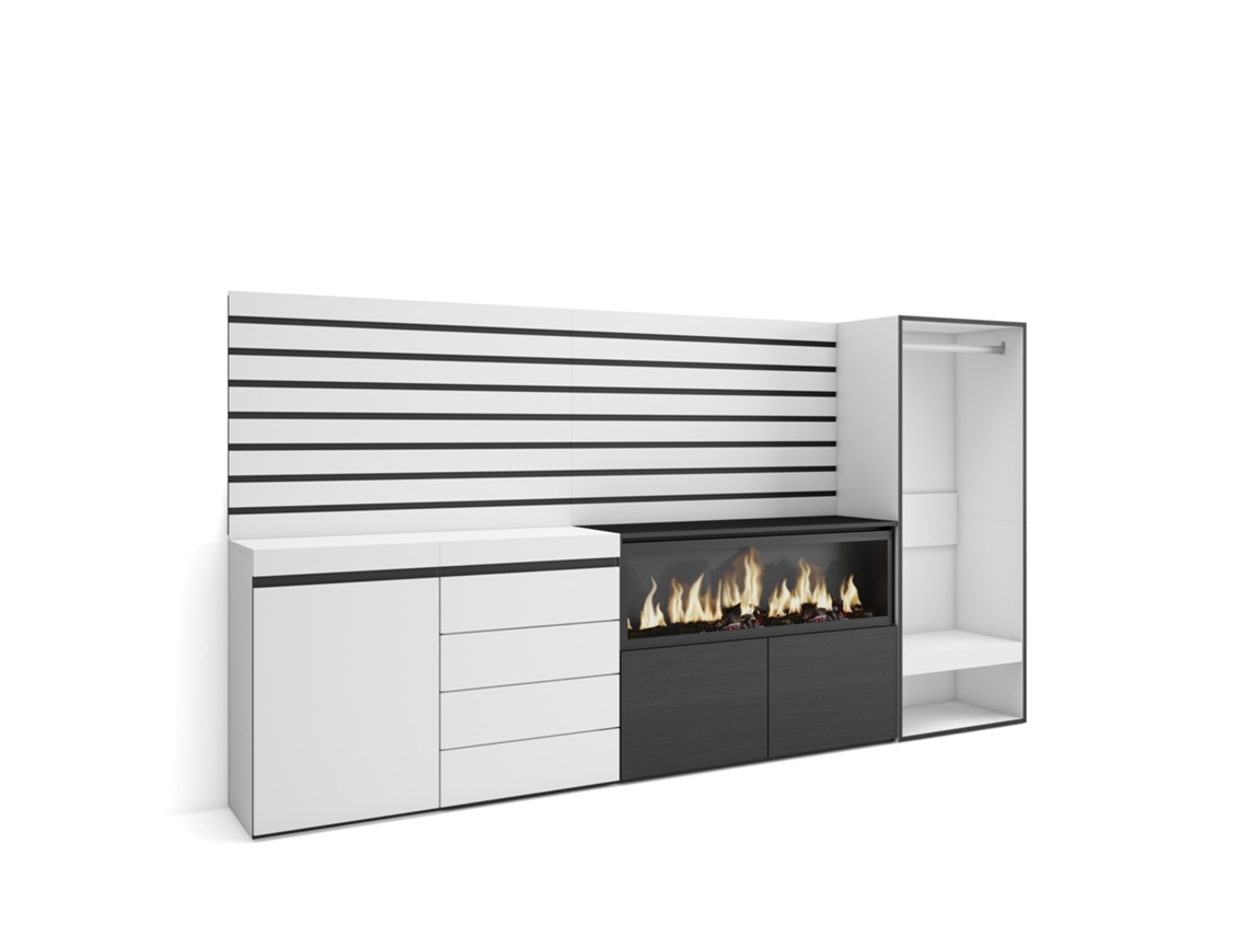 Aparador, aparador | Gran espacio de almacenamiento 274x145x35 cm | Para dormitorio | Chimenea eléctrica XXL | Cómoda | Armario abierto | Blanco Duérmete Online