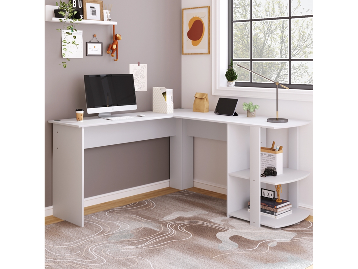 Escritorio En Esquina 140 Cm - Computertisch, Escritorio En L Con 2 Estantes - Blanco