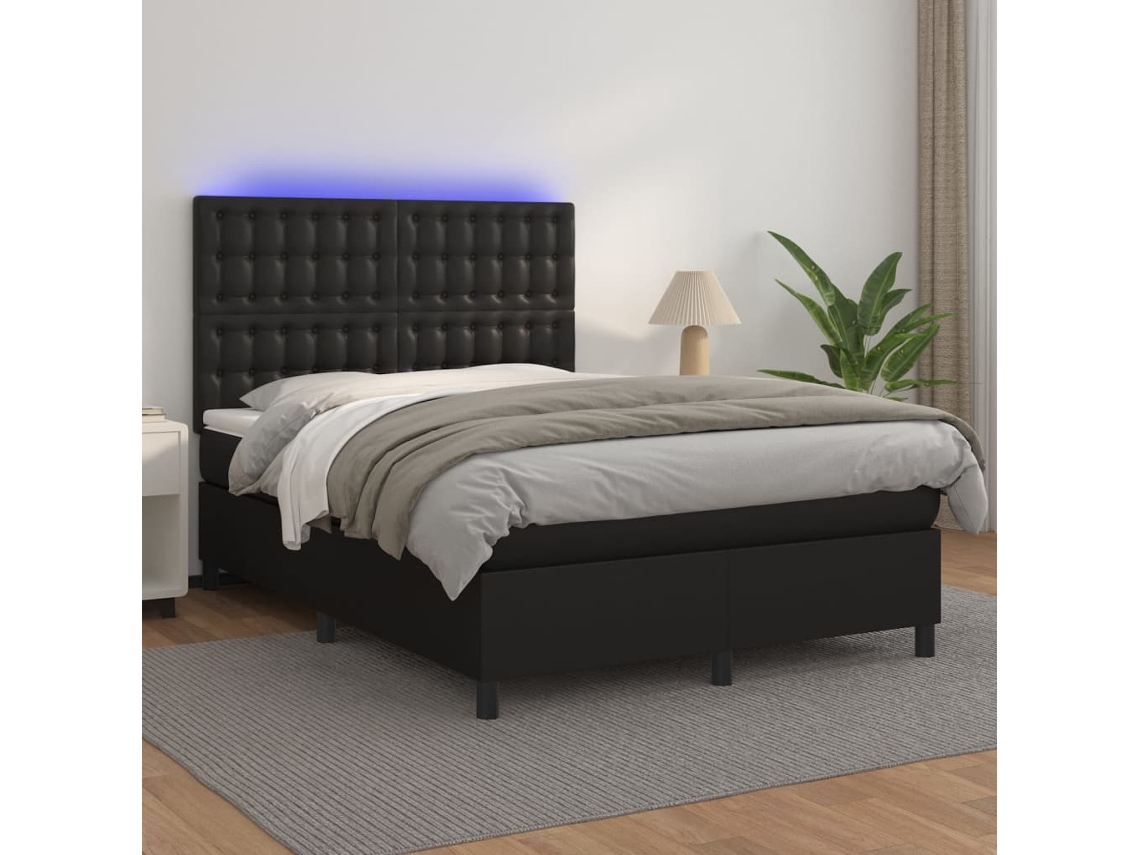 Cama box spring colchón y LED cuero sintético negro 140x200 cm