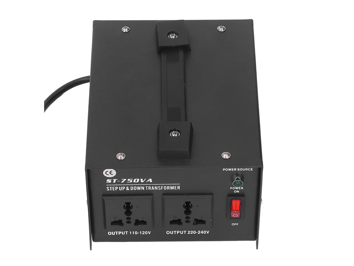 Transformador de potencia de 750 W con ajuste de voltaje de entrada y conversión elevadora/reductora.