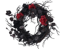 Preciosa Corona Negra De Halloween Con Ramas Artificiales Y Flores Rojas