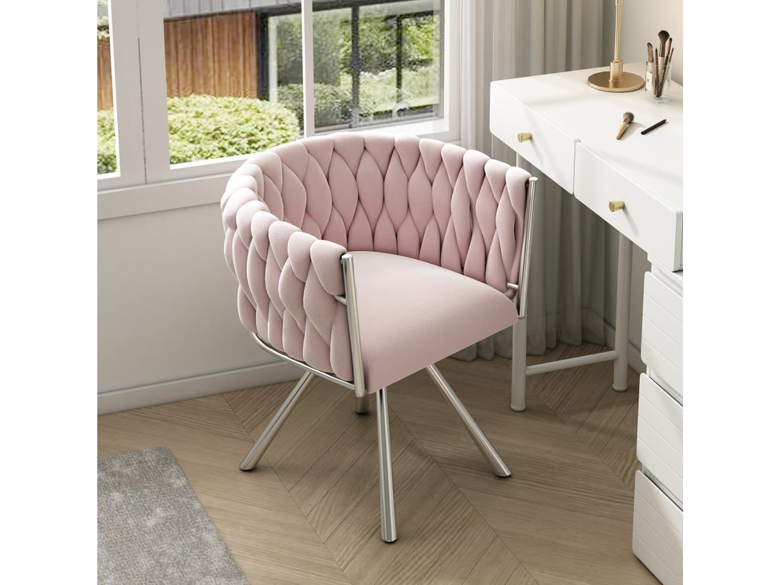Silla Giratoria De Terciopelo Con Reposabrazos - Patas De Metal Plateado - Rosa