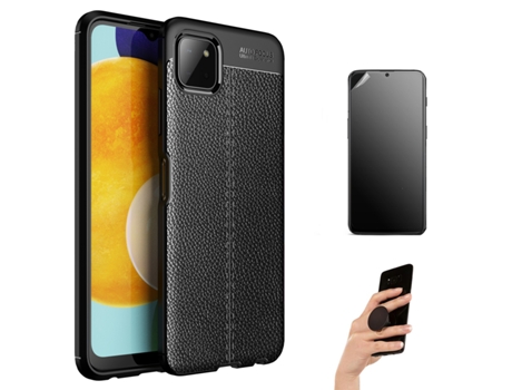Carcasa + Protector + Popsocket Samsung A22 5G Rugged Leather Negro BD-HF&LC