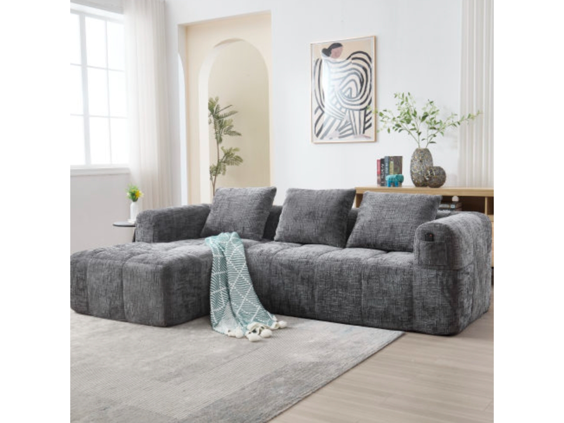 Sofá Modular 3 Plazas - L-sofa Con Chaiselongue, 3 Cojines, Bolsillo Lateral - Gris