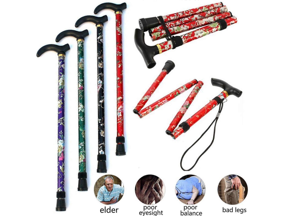 Bastón plegable ajustable de aluminio con estampado floral, ideal para senderismo y acampada. Ayuda de movilidad duradera.
