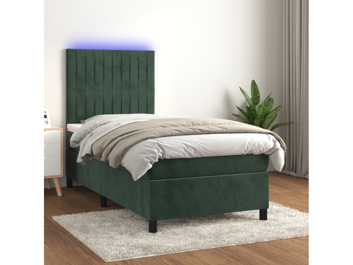 Cama Box Spring Colchón Y Led Terciopelo Verde Oscuro 90x200 Cm