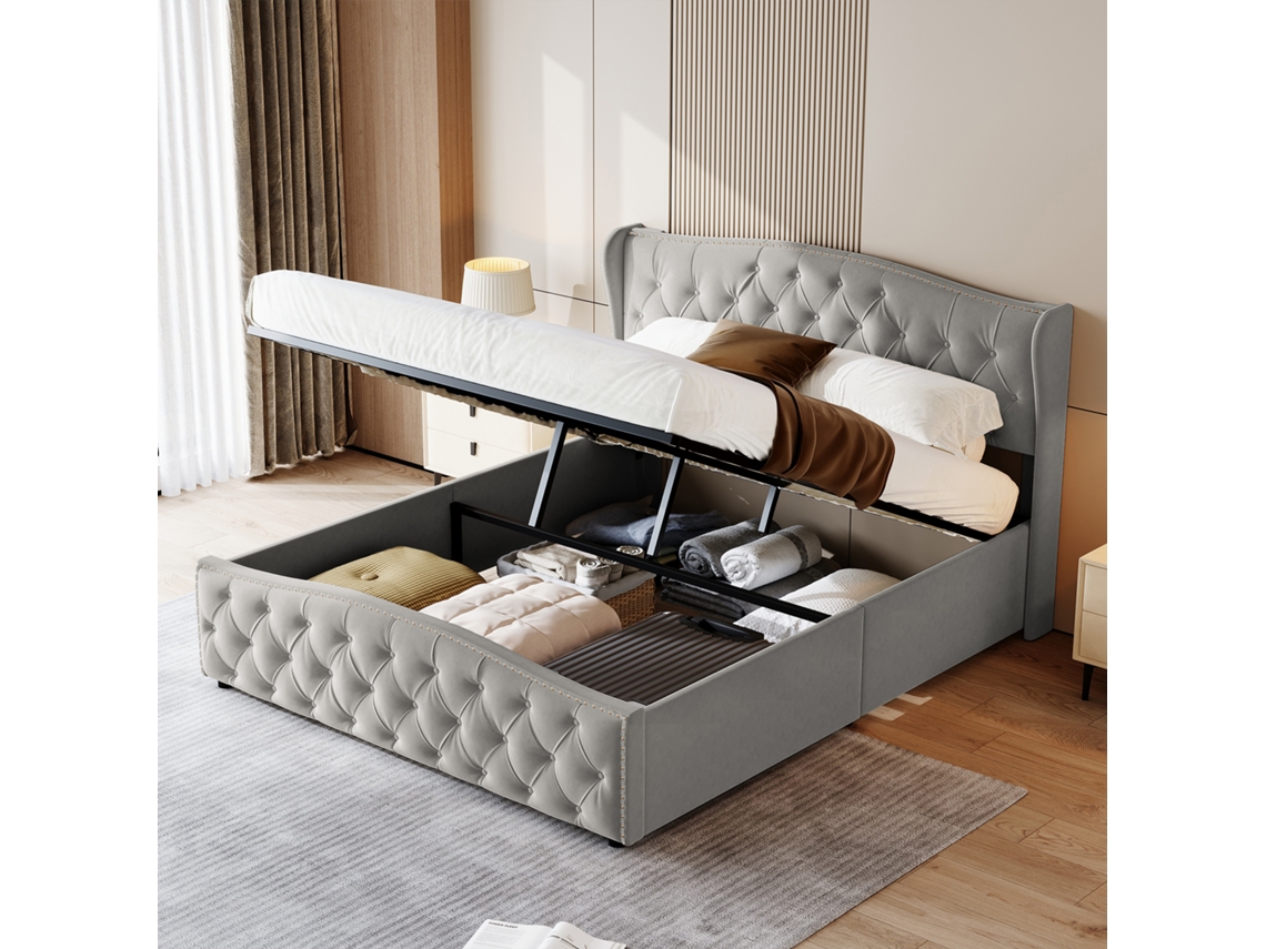 Cama Doble Moderna Con Riel Hidráulico, Amplio Espacio De Almacenamiento, Cabecero Tapizado, 160x200 Cm, Terciopelo, Gris, Sin Colchón