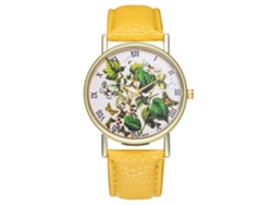 Elegante Reloj De Pulsera Analógico Con Bisel Redondo Y Movimiento De Cuarzo Amarillo.